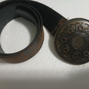 Men's Brown Leather Belt with Ornate Buckle
